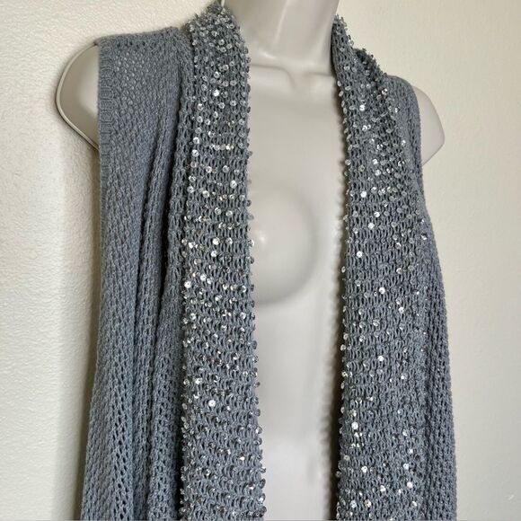 Gianni Bini Gray Duster Long Line Vest Sequin Beaded Waterfall Women Size Large - Picture 2 of 11